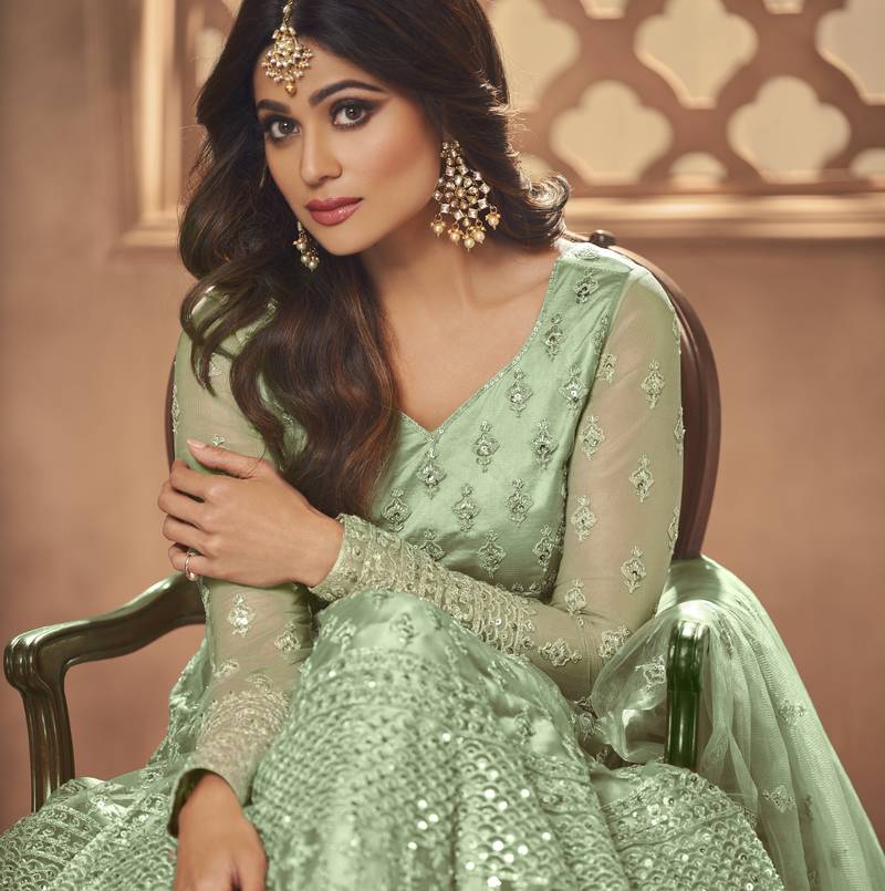 Green net anarkali embroidered work festival long salwar suit dupatta