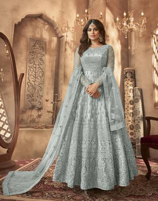Shamita shetty grey net anarkali embroidered work festival long salwar suit dupatta 1