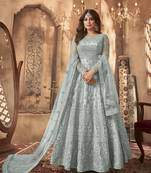Shamita shetty grey net anarkali embroidered work festival long salwar suit dupatta