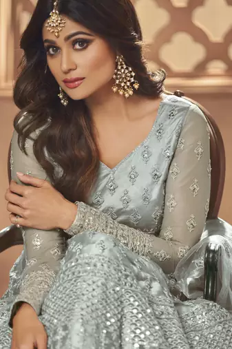 Shamita shetty grey net anarkali embroidered work festival long salwar suit dupatta