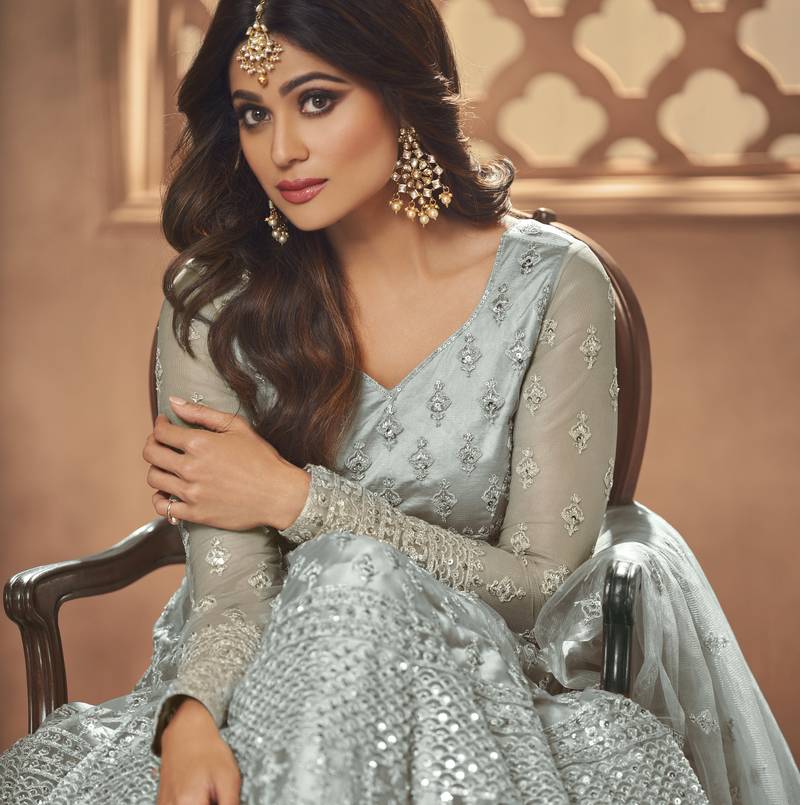 Shamita shetty grey net anarkali embroidered work festival long salwar suit dupatta