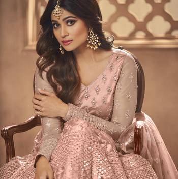 Peach net anarkali embroidered work festival long salwar suit dupatta 2