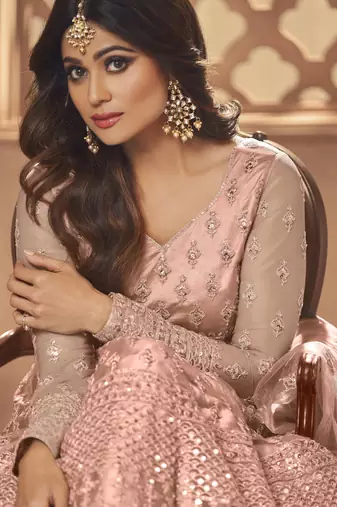 Peach net anarkali embroidered work festival long salwar suit dupatta
