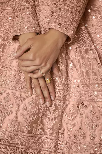 Peach net anarkali embroidered work festival long salwar suit dupatta