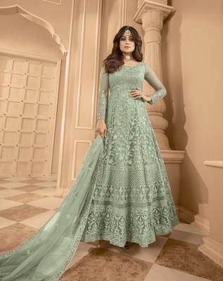 Shamita shetty green net anarkali embroidered work festival long salwar suit dupatta 1