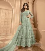 Shamita shetty green net anarkali embroidered work festival long salwar suit dupatta