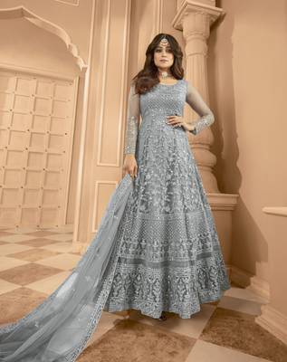 Shamita shetty grey net anarkali embroidered work festival long salwar suit dupatta 1