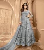 Shamita shetty grey net anarkali embroidered work festival long salwar suit dupatta