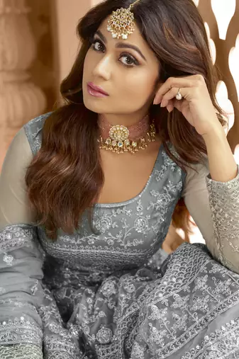 Shamita shetty grey net anarkali embroidered work festival long salwar suit dupatta