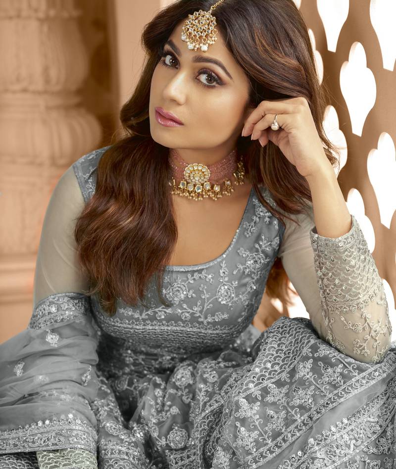 Shamita shetty grey net anarkali embroidered work festival long salwar suit dupatta