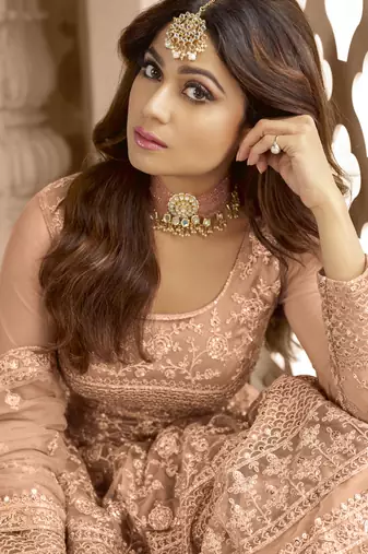 Shamita shetty peach net anarkali embroidered work festival long salwar suit dupatta