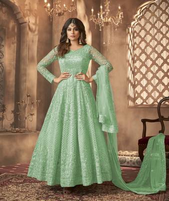 Green net anarkali embroidered work festival long salwar suit dupatta 1