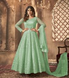 Green net anarkali embroidered work festival long salwar suit dupatta