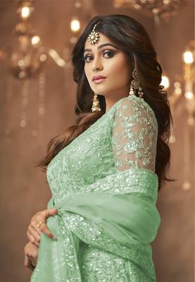 Green net anarkali embroidered work festival long salwar suit dupatta 2