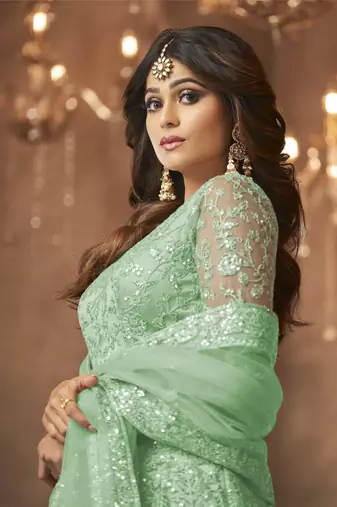 Green net anarkali embroidered work festival long salwar suit dupatta