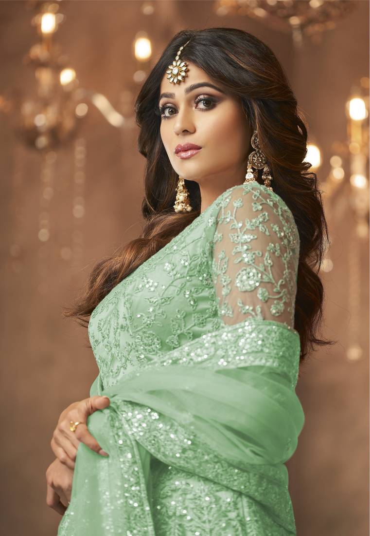 Green net anarkali embroidered work festival long salwar suit dupatta