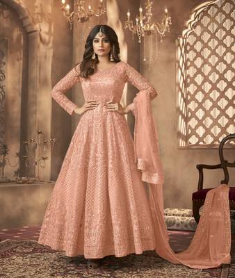 Peach net anarkali embroidered work festival long salwar suit dupatta 1