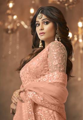 Peach net anarkali embroidered work festival long salwar suit dupatta 2