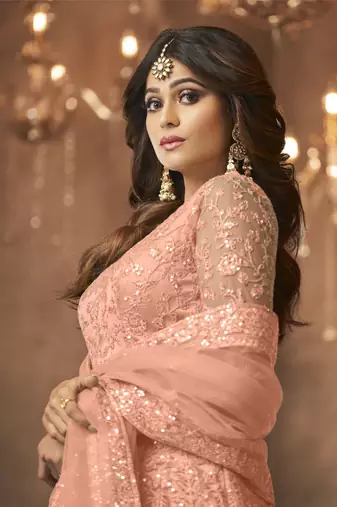Peach net anarkali embroidered work festival long salwar suit dupatta