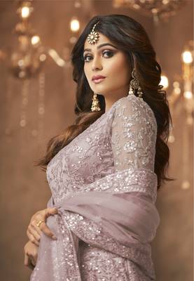 Shamita shetty purple net anarkali embroidered work festival long salwar suit dupatta 2
