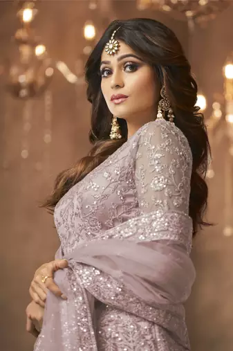 Shamita shetty purple net anarkali embroidered work festival long salwar suit dupatta