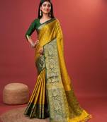 Lookslady womens new cotton silk mustard color gold zari self weaving kanjivaram saree with unstitched contrast blouse