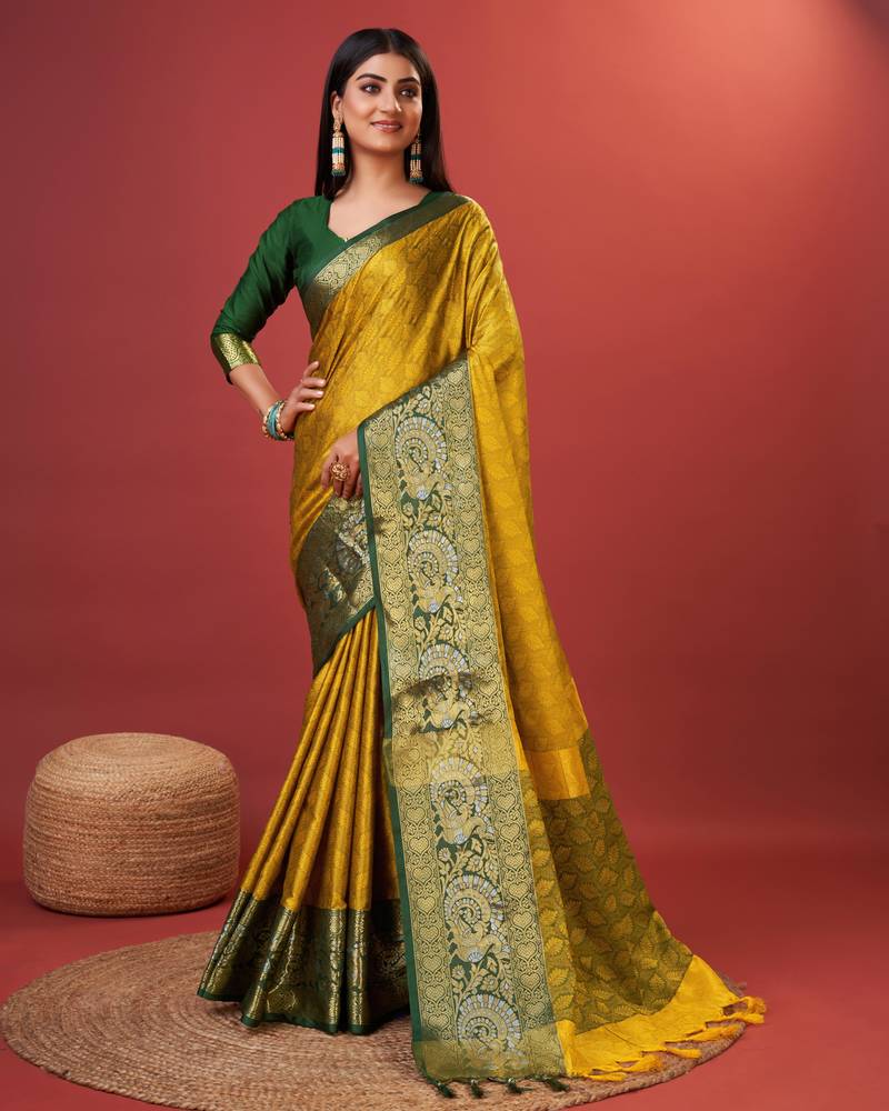 Lookslady womens new cotton silk mustard color gold zari self weaving kanjivaram saree with unstitched contrast blouse