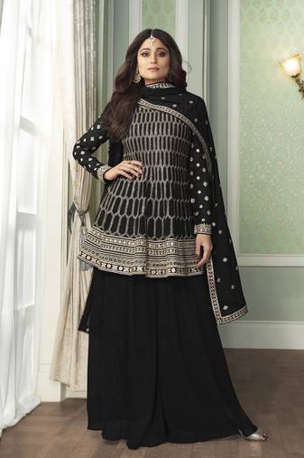 Shamita shetty black sequence embroidery festive gharara style pakistani suit semi stitched