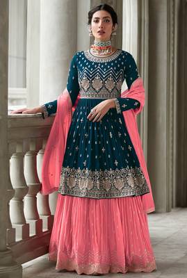 Turquoise pink sequence embroidery festive gharara style pakistani suit semi stitched 1