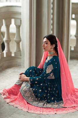 Turquoise pink sequence embroidery festive gharara style pakistani suit semi stitched 2