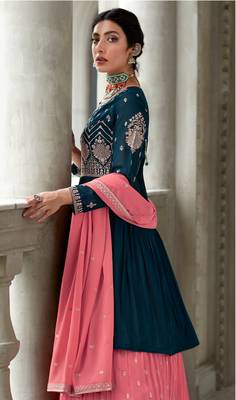 Turquoise pink sequence embroidery festive gharara style pakistani suit semi stitched 3