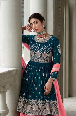 Turquoise pink sequence embroidery festive gharara style pakistani suit semi stitched 4