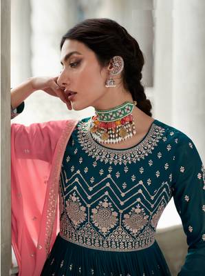 Turquoise pink sequence embroidery festive gharara style pakistani suit semi stitched 5