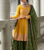 Yellow green sequence embroidery festive gharara style pakistani suit semi stitched