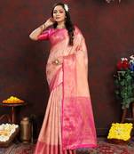 Lookslady womens new soft banarasi silk peach color gold zari weaving kanjivaram saree with unstitched contrast blouse
