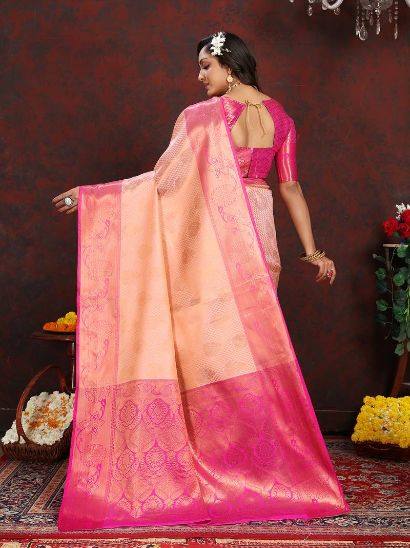 Lookslady womens new soft banarasi silk peach color gold zari weaving kanjivaram saree with unstitched contrast blouse