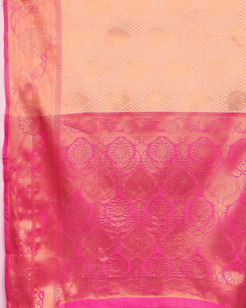 Lookslady womens new soft banarasi silk peach color gold zari weaving kanjivaram saree with unstitched contrast blouse