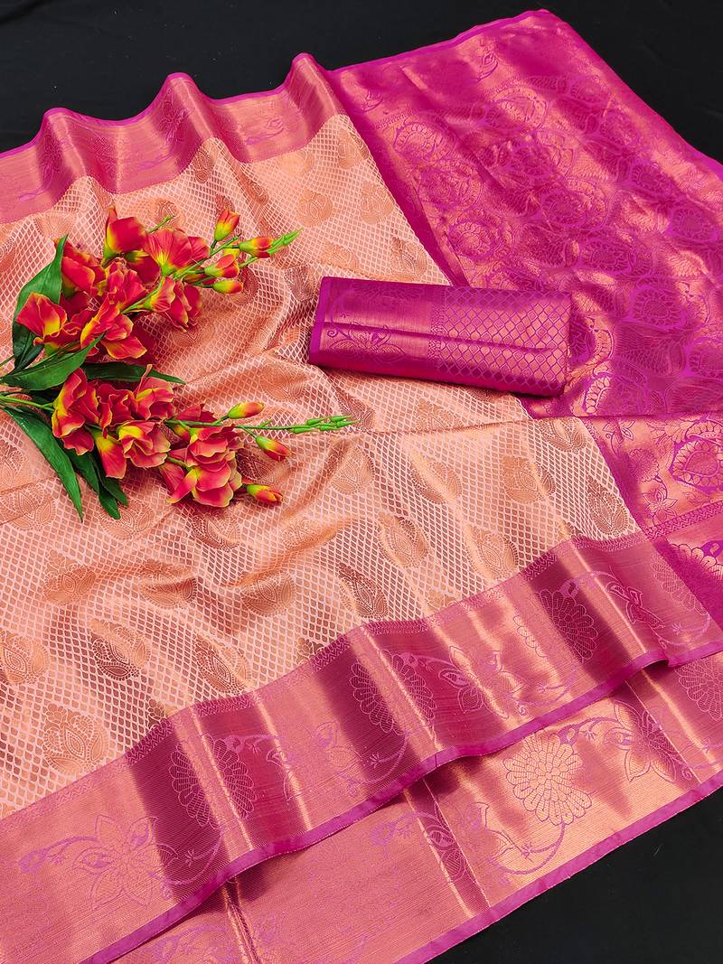 Lookslady womens new soft banarasi silk peach color gold zari weaving kanjivaram saree with unstitched contrast blouse