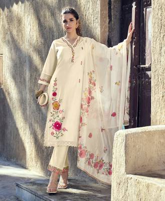  cream viscose silk fabric flowers embellished embroidered kurta with pant & dupatta 1
