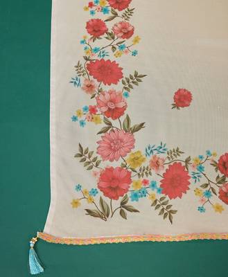  cream viscose silk fabric flowers embellished embroidered kurta with pant & dupatta 5