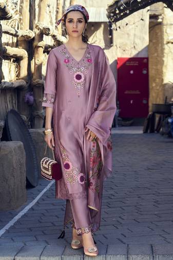  lavender viscose silk fabric flowers embellished embroidered kurta with pant & dupatta