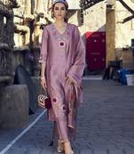  lavender viscose silk fabric flowers embellished embroidered kurta with pant & dupatta
