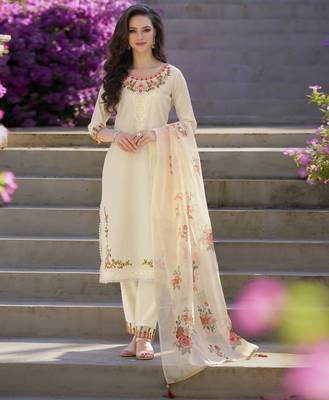  cream viscose silk embroidered kurta with pant & dupatta 1