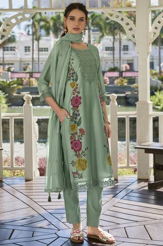  green chanderi silk embroidered kurta with pant & dupatta
