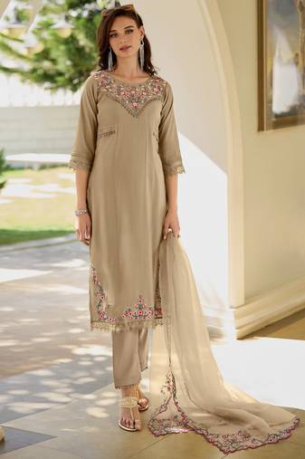  bronze viscose silk embroidered kurta with pant & dupatta