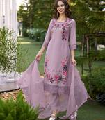  lavender chanderi silk embroidered kurta with pant & dupatta