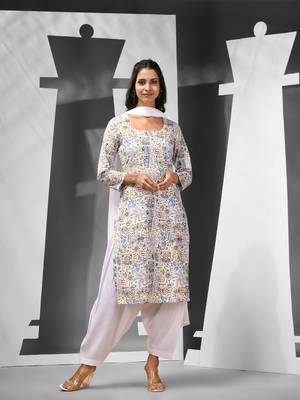 White cotton suit set with printed designs 1