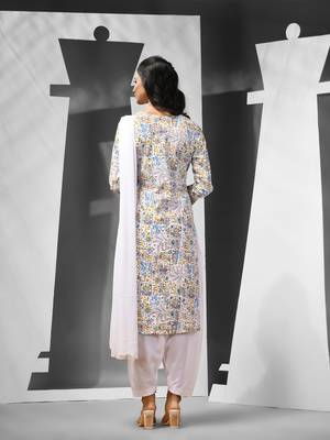 White cotton suit set with printed designs 3