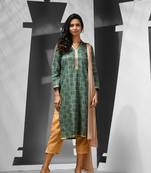 Green cotton blend printed suit set with sequins