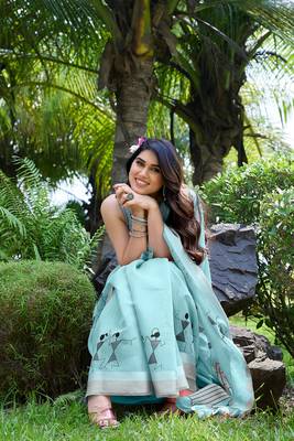 Sky Blue Printed Cotton Saree With Blouse 6